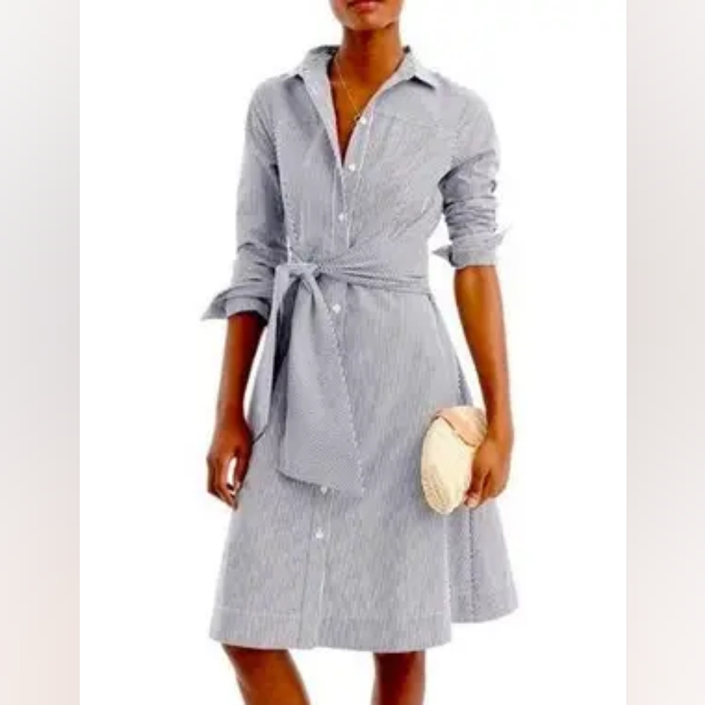 J.Crew Factory Navy and White Striped Button Down Tie Waist Shirt Dress